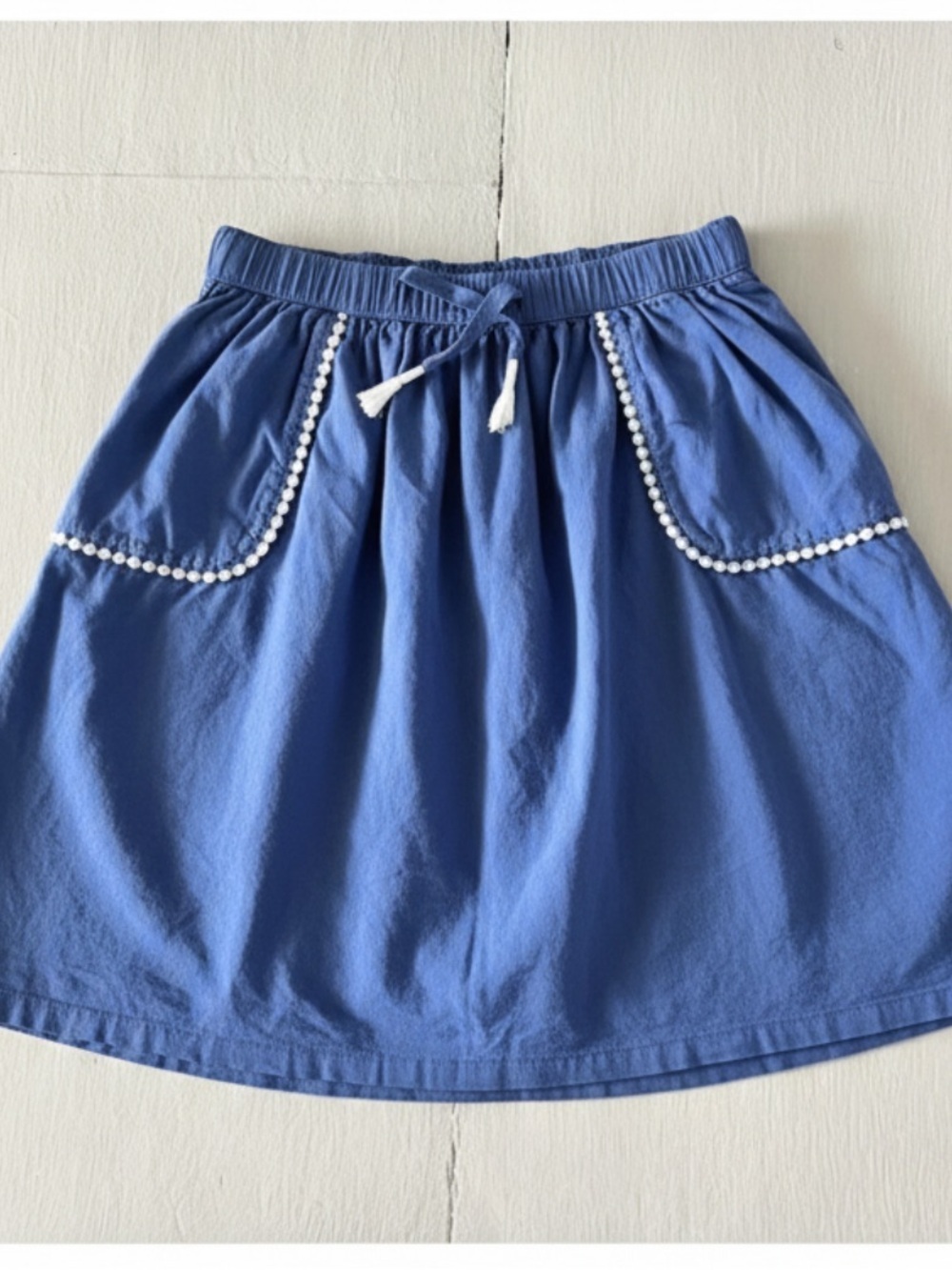 GAP Kids Blue A-Line Skirt White Pom Trim Elastic Waist Size XL (Girl 12)